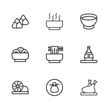 Set hattı Wonton, bir şişe sake, kızarmış hindi ya da tavuk, Asya eriştesi, soya sosu, Zongzi bambu buharlı buhar buharı, Ramen çorbası ve Chow Mein tabağı ikonu. Vektör