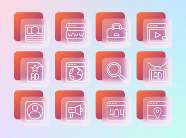 Hat video reklamcılığı, Megaphone, büyüteç, 404 hatalı sayfa, dünya çapında, evrak çantası, kağıt para yığını ve tarayıcı pencere simgesi. Vektör