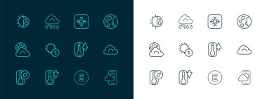 Hat safhaları, termometre, pusula batı, güneş, kar tanesi, gündüz döngüsü ve bulut ve şimşek ikonu. Vektör