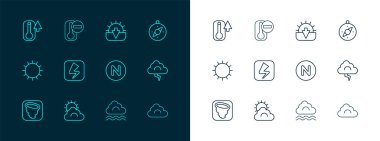 Pusula, güneş ve bulut hava durumu, kuzey, sis, yıldırım, günbatımı, termometre ve ikon. Vektör