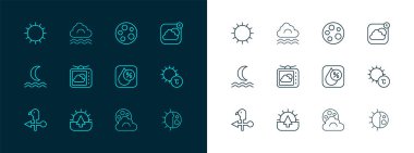 Hava durumu uygulaması, gündoğumu, su damlası yüzdesi, ay, ay, sis ve bulut ikonlu bulut ayarlayın. Vektör