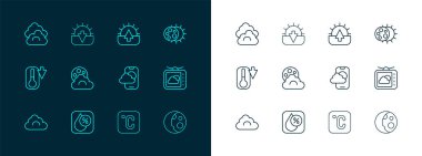 Güneş tutulması, su damlası yüzdesi, hava tahmini uygulaması, Celsius, Ay 'lı Bulut, Gündoğumu ve Günbatımı simgesi. Vektör
