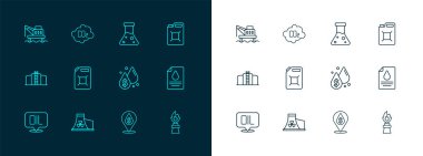 Benzin, nükleer enerji santrali, dolar sembollü yağ damlası, benzin test tüpü, deniz platformu ve CO2 emisyon bulut simgesi. Vektör