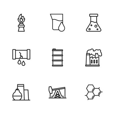 Yağ pompası ya da pompa ayarlayın, ve gaz sanayi fabrikası, molekül yağı, varil, benzin test tüpü, yangın teçhizatı ve kırık boru kapakçığı ikonu. Vektör