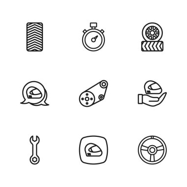 Hat çizgisi yarış kaskı, direksiyon, zaman ayarlı kemer, araba lastiği, Kronometre ve ikon. Vektör