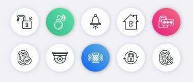 Hat güvenliği tuş takımı erişim paneli, siber güvenlik, parmak izi, kilit, koruma altındaki ev, alarm zili, iptal edilmiş parmak izi ve kamera ikonu ayarlayın. Vektör