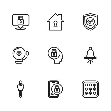 Hat Mobil 'i kapalı asma kilit, alarm zilini çalma, grafiksel şifre koruması, kilit, kalkanları kontrol işareti, House under ve simgesi ile ayarla. Vektör
