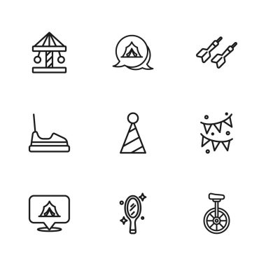 Hattı ayarla Sihirli el aynası, bayraklı karnaval çelengi, tek tekerlekli bisiklet, parti şapkası, dart oku, atlıkarınca, sirk çadırı ve Bumper ikonu. Vektör