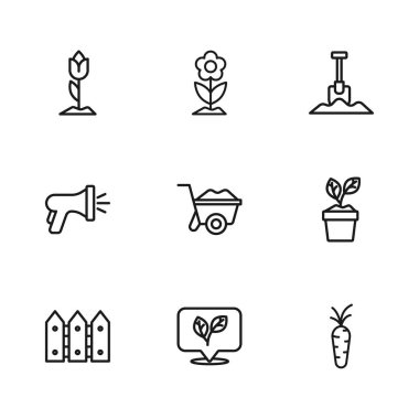 Çizgi yap, saksıda bitki, havuç, el arabası, kürek, çiçek lalesi ve bahçe hortumu ikonu. Vektör