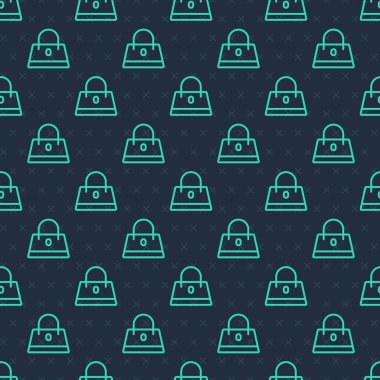 Yeşil çizgi el çantası simgesi mavi arkaplanda izole edilmiş pürüzsüz desen. Kadın el çantası işareti. Glamour günlük bagaj sembolü. Vektör