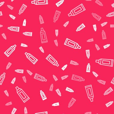 Beyaz çizgi tüp boya palet simgesiyle izole edilmiş kırmızı arka planda pürüzsüz desen. Vektör