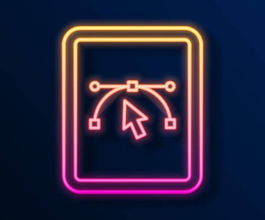 Siyah arkaplanda izole edilmiş vektör tasarım programı simgesi ile parlayan neon hattı Bilgisayar görüntüsü. Kullanıcı arayüzü ile fotoğraf düzenleme yazılımı. Vektör