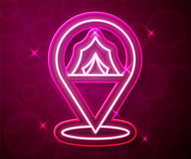 Parlayan neon hattı sirk simgesi kırmızı arkaplanda izole edildi. Karnaval kamp çadırı. Eğlence parkı. Vektör