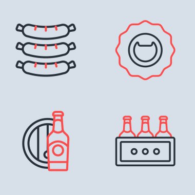 Şişe açacağı, bira şişesi ve ahşap fıçı bira şişeleri ve sosis ikonu. Vektör