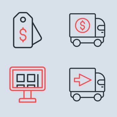 Cephe hattı zırhlı araç, çevrimiçi alışveriş dolar ikonlu kargo ve fiyat etiketi. Vektör