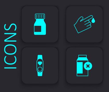 Laktoz duyarlılığını, vitaminleri, parmak kanını ve kalp ikonlu akıllı saati ayarla. Siyah kare düğme. Vektör