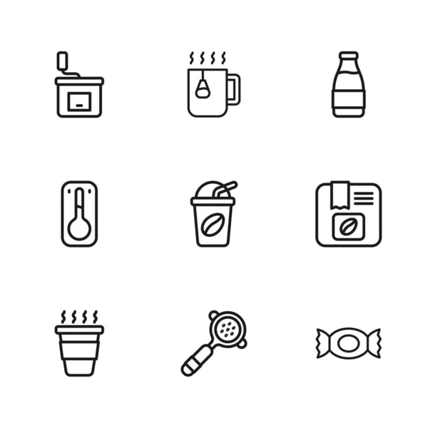 集系列咖啡滤嘴 袋装咖啡豆 牛奶瓶 手动研磨机 杯茶与袋和温度计图标 — 图库矢量图片