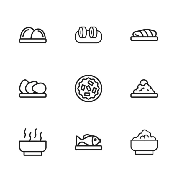 将鱼排放在盘子里 米饭放在碗里 自制派 寿司和鸡蛋图标上 — 图库矢量图片