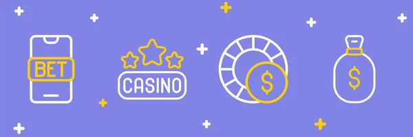 Set Line Bolsa Dinero Fichas Casino Letrero Icono Apuestas Deportivas — Vector de stock