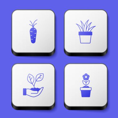 Havuç, saksıda bitki, Yaprak El ve Çiçek ikonu. Beyaz kare düğme. Vektör