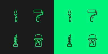 Çizgi boya kovası, tüy ve mürekkep, palet bıçağı ve paten fırçası ikonu. Vektör