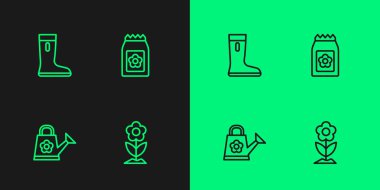 Çiçek, su kabı, su geçirmez lastik bot ve tohum ikonunu yerleştirin. Vektör