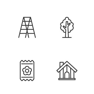 Çiftlik evi, tohum dolu bir paket tahta merdiven ve ağaç ikonu. Vektör