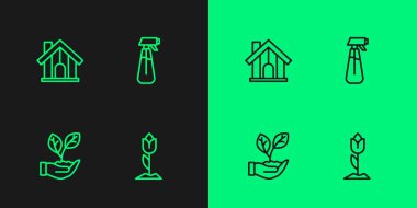 Çiçek lalesi, Yaprak, çiftlik evi ve su ikonu için bahçe spreyi. Vektör