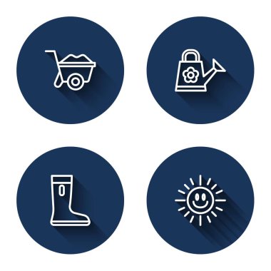 Çizgi, el arabası, su geçirmez lastik bot ve uzun gölgeli güneş. Mavi daire düğmesi. Vektör