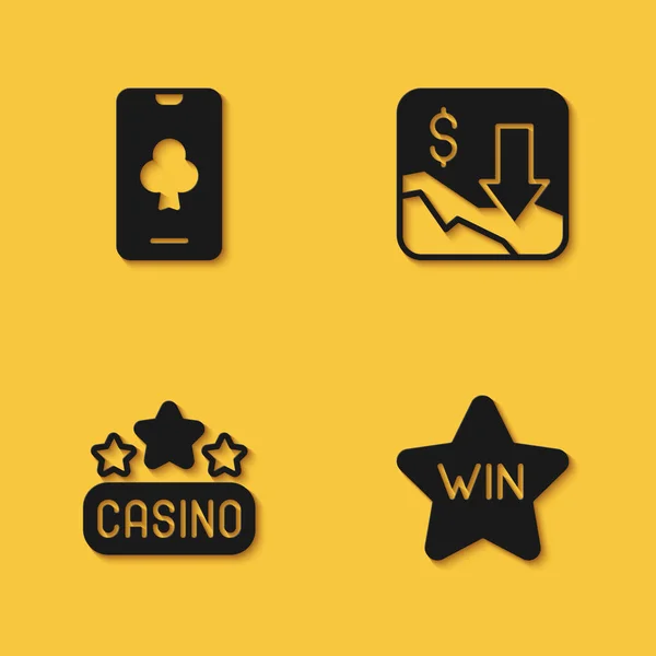 设定在线扑克桌上游戏 赌场赢了 招牌和财务增长减少图标与长影 — 图库矢量图片