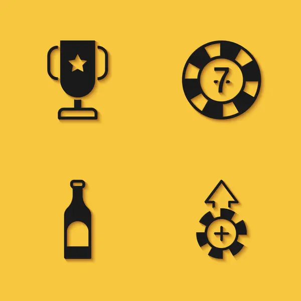 Set Casino Poker Trophäe Cup Chips Flasche Wein Und Symbol — Stockvektor