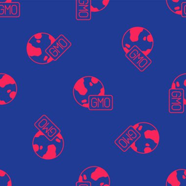 Kırmızı GDO simgesi mavi arkaplanda izole edilmiş. Genetik olarak değiştirilmiş organizma kısaltması. DNA gıda modifikasyonu. Vektör