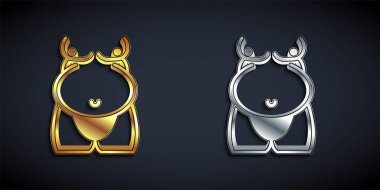 Siyah arka planda izole edilmiş altın ve gümüş obezite ikonu. Sağlıksız bir yaşam tarzı. Yanlış yemek. Uzun gölge tarzı. Vektör