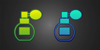 Siyah arkaplanda yeşil ve mavi parfüm ikonu var. Vektör