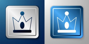 Beyaz Kral taç ikonu mavi ve gri arkaplanda izole edildi. Gümüş ve mavi kare düğme. Vektör