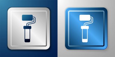 White Paint roller brush icon isolated on blue and grey background. Silver and blue square button. Vector