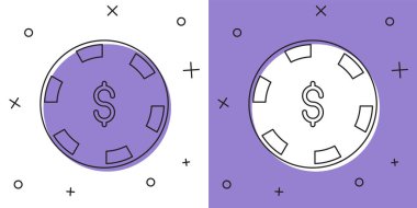 Beyaz ve mor arka planda dolar sembolü simgesi olan kumarhane çipini ayarlayın. Kumarhane kumarı. Vektör
