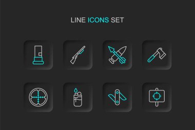 Hedef belirleme sporu, İsviçre çakısı, çakmak, keskin nişancı optik görüşü, tahta balta, okla çapraz mermi, av silahı ve fişek ikonu. Vektör