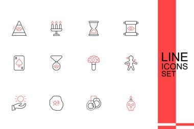 Kafatasında yanan mum, kelepçe, sihirli mühürler, havada yükselen top, Voodoo bebeği, Psilocybin mantarı, gözü olan madalyon zinciri ve iskambil simgesi. Vektör