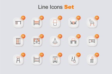 Lambalı mobilya sehpası, kütüphane kitaplığı, gardırop, ranza, sandalye, televizyon masası, ofis masası ve lamba asılı ikonu. Vektör