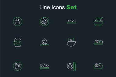Sıralı suşi, tabaklı yemek çubukları, servis edilen balıklar, dilimlenmiş balıklar, geleneksel çay töreni, Çin yumurtası ve Asya erişte kutusu ikonu. Vektör