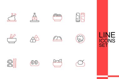 Sıra Mochi, Wonton, Sushi, Çubuklu Hamur köftesi, Bir kase pirinç, Zongzi bambu buharlı buhar buharı ve Asya erişte ikonu. Vektör