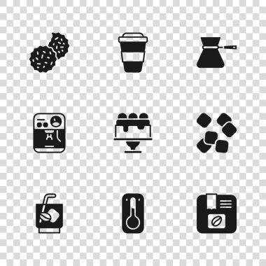 Kahve termometresi, şeker küpleri, kahve çekirdekleri, kek, Türk, kurabiye ya da bisküvi hazırla. Vektör