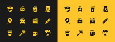 Kahve çekirdeği seti, kahve filtresi, makine, poşetli fincan çayı, kavanoz şişesi, buzlu, kahve makinesinin üzerine dökme ve Espresso tonik ikonu. Vektör