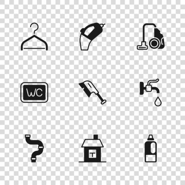Ev, su musluğu, deterjan şişesi, fırça temizleyici, elektrikli süpürge, gardırop, portatif süpürge ve tuvalet ikonu. Vektör