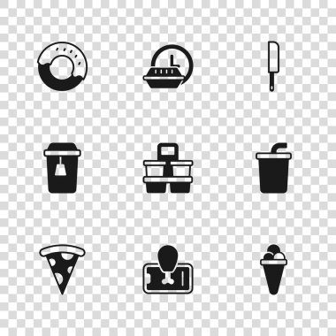 Gıda siparişini cep telefonundan, kağıt bardaktan su, dondurmalı waffle, kahve bardağını paket yap, Bıçak, Donut, 24 saat servis ve fincan çay ikonu. Vektör