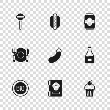 Yemek kitabı, sos şişesi, kek, patlıcan, soda kutusu, lolipop, Hotdog ve tabak, çatal ve bıçak ikonu. Vektör