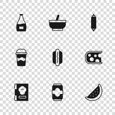 Soda kutusu, peynir, karpuz, Hotdog, merdane, sos şişesi, havan topu, tokmak ve kahve fincanı hazırla. Vektör