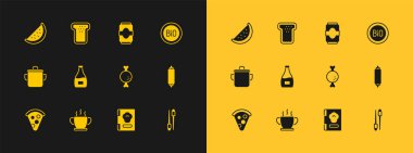 Biyoloji için bayrak, bir kase sıcak çorba, tavuk budu, yemek kitabı, sos şişesi, soda kutusu, karpuz ve ekmek tostu ikonu. Vektör