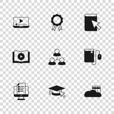 İmleç, Elektronik kitap faresi, Bulut çevrimiçi kütüphanesi, Online sınıf, oyun videosu, eğitim diploması ve ses simgesi ile mezuniyet başlığını ayarla. Vektör